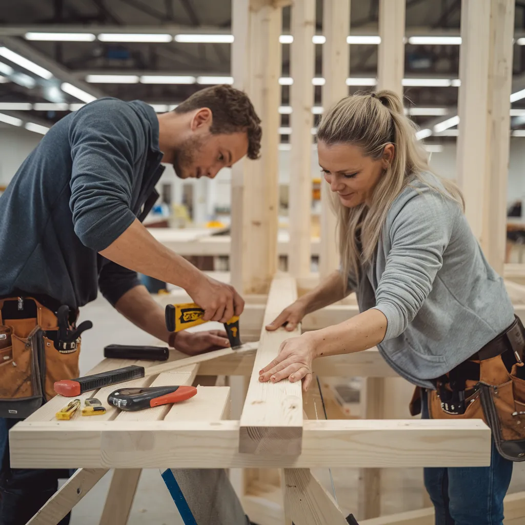 Skilled workers collaborating in a workshop environment representing Express Entry skilled trades program