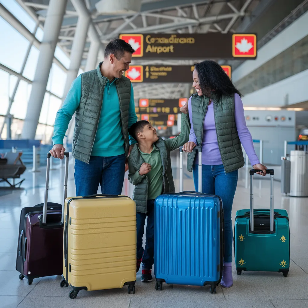Happy family at Canadian airport with luggage, representing successful immigration to Canada